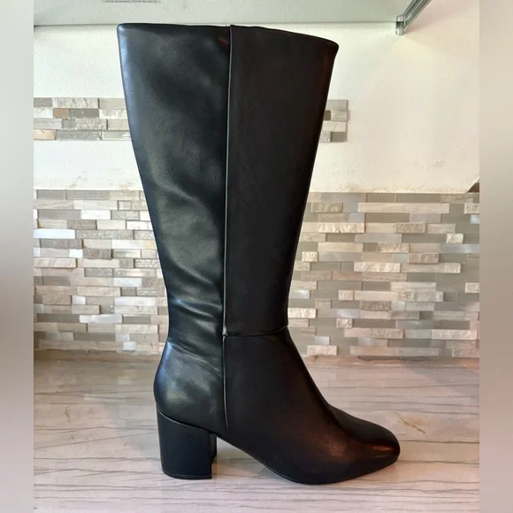 NEW EASY SPIRIT Black Leather Knee Boots Sz 10 Round Toe Block Heel Side Zip - Picture 6 of 12